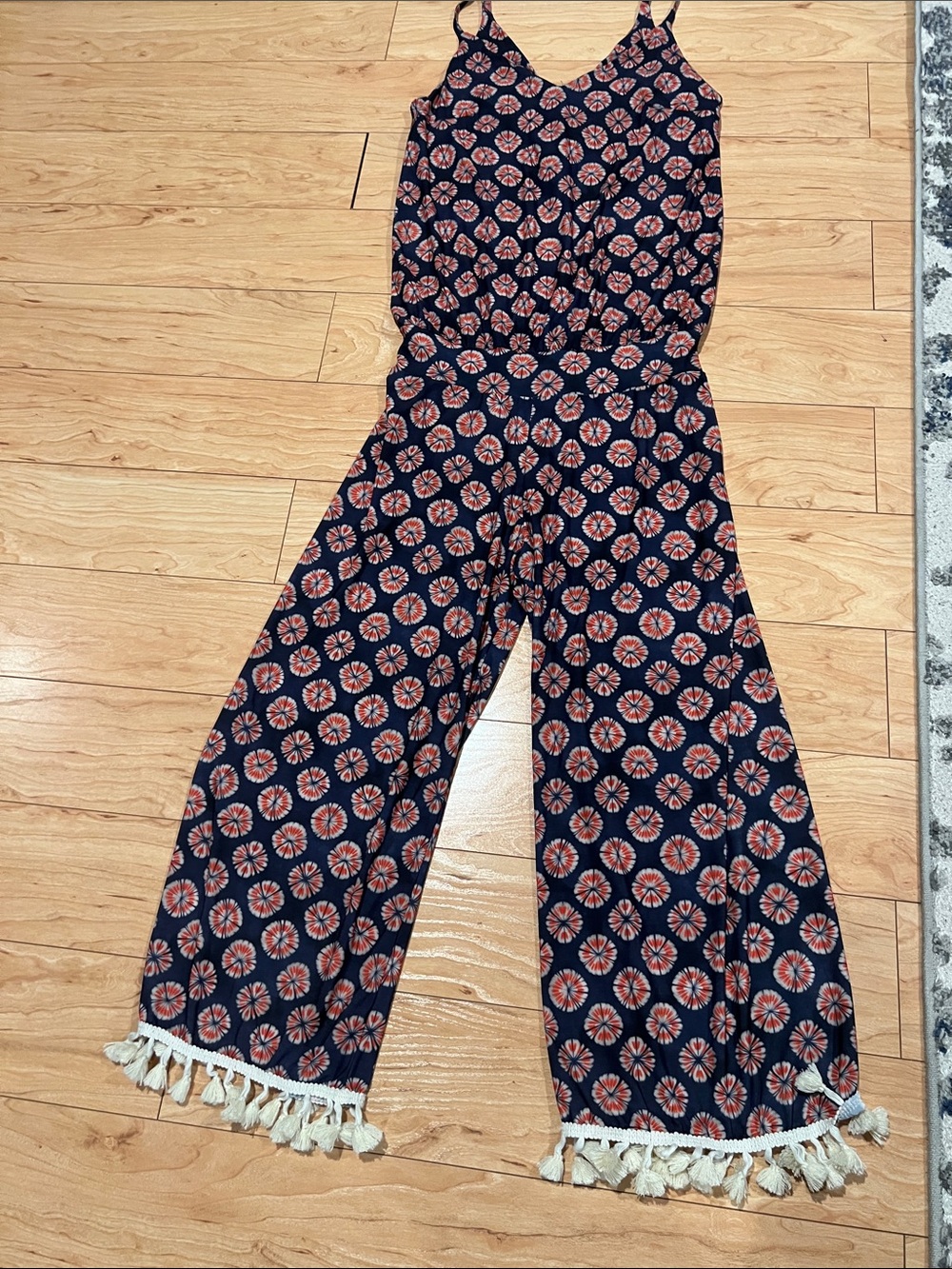 Navy Floral Print Wide-Leg Jumpsuit with Tassel Hem
